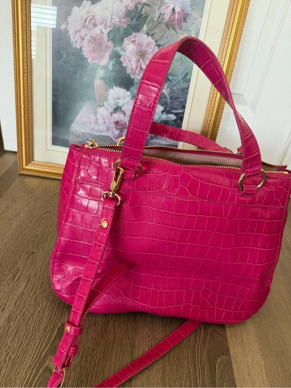 Liu Jo Hot Pink Croc-Embossed Top Handle Crossbody Bag